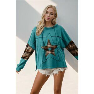 NWT Double Take Drawstring Plaid Star Patch Long Sleeve Hoodie